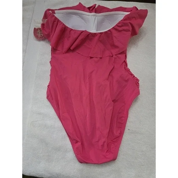 NWT Bleu Rod Beattie 6 Shirred Ruffle Bandeau Mio 1PC Swimsuit Pink 128203 - Picture 4 of 5